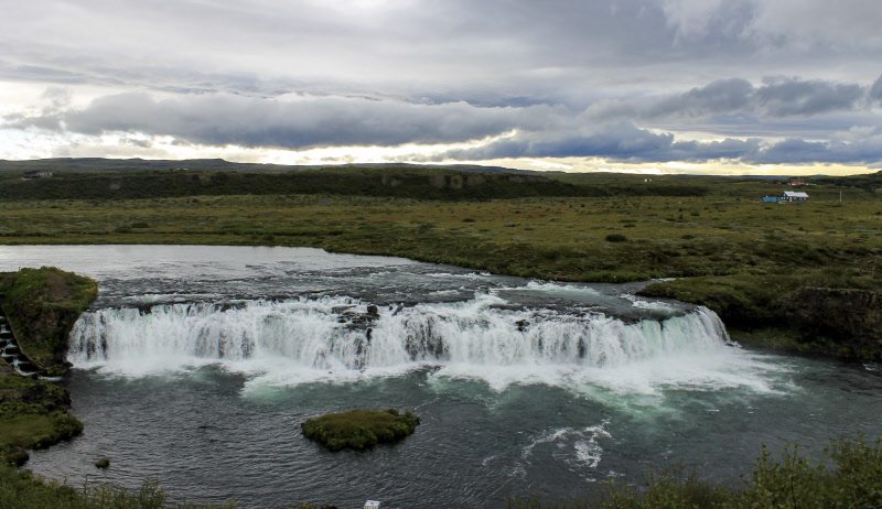 The wide waterfall in Iceland, when viewed from the high vantage point, is stunning!