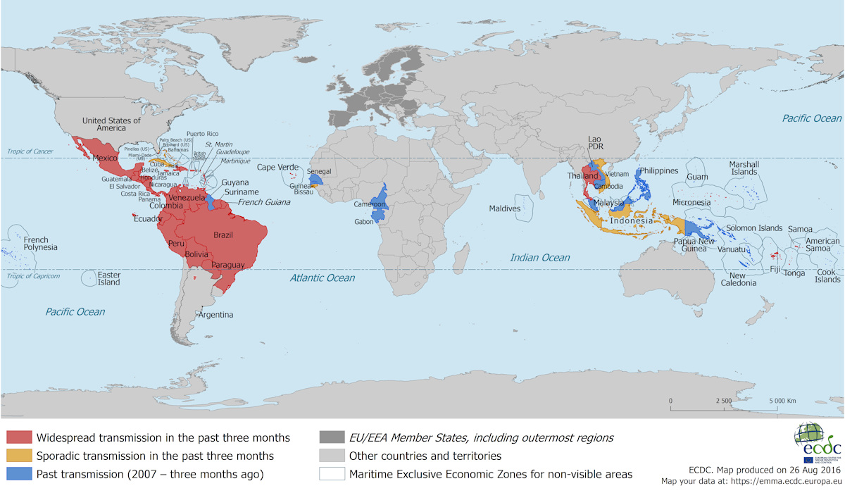 Zika Virus impacts travel destinations globally. Take precautions and check your homeland disease center for the latest updates as virus transmission data is updated frequently and the information shown on websites can quickly become outdated.